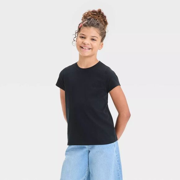Cat & Jack Girls Large Solid T-Shirt Black Short Sleeve Crewneck Pullover - Picture 1 of 10